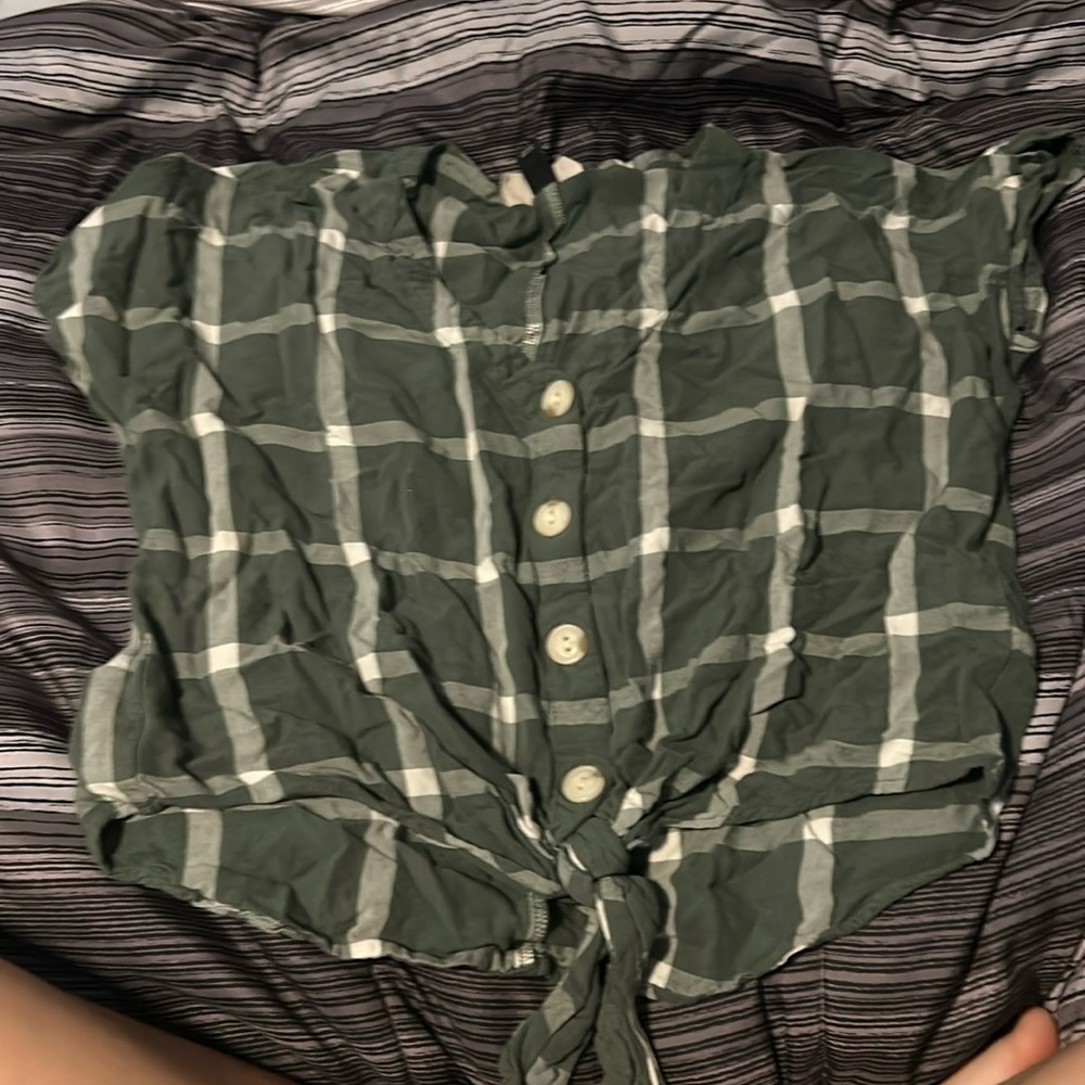 Green plaid button up crop top